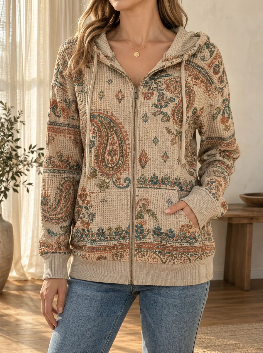 Women's Boho Paisley Pattern Signature Theme Waffle Zip-Up Hoodie