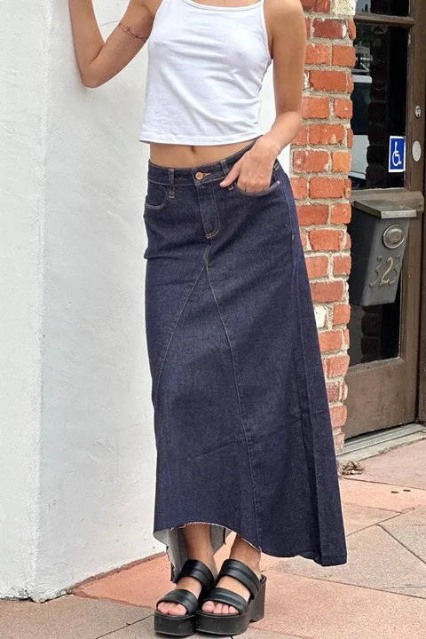 Women's Light Wash Denim Raw Hem Maxi Skirt