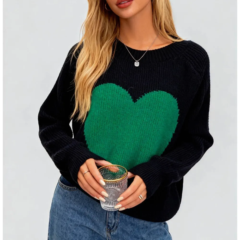 Valentine Heart Color Block Round Neck Sweater