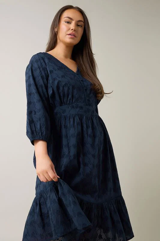 Navy Blue Embroidered Tiered Midi Dress detail 1