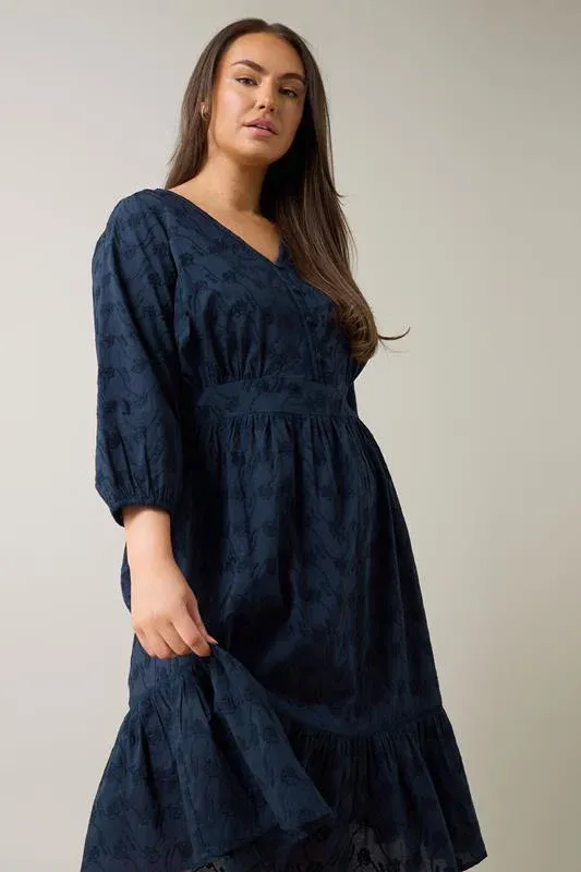 Navy Blue Embroidered Tiered Midi Dress