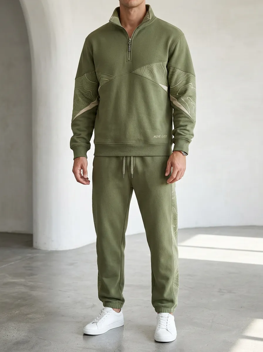 Men's Outdoor Hiking Topographic Printed Quarter-Zip Jogger Set