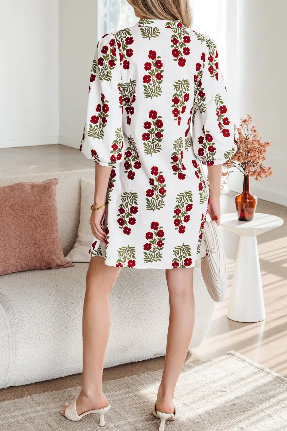 Women's Floral Print V Neck Loose Fit Mini Dress
