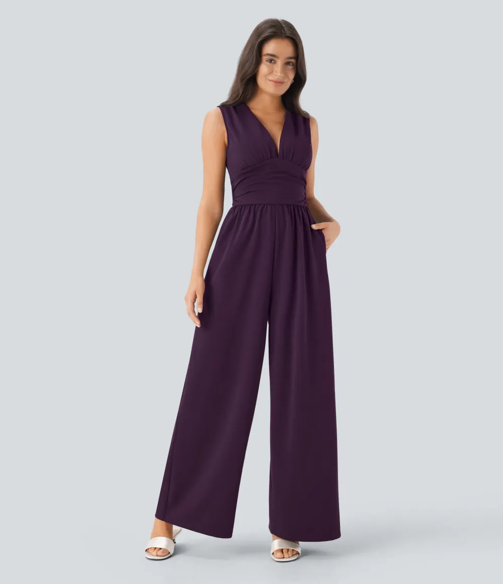 SculptKnit V Neck Sleeveless Ruched Pocket Jumpsuit-Easy Peezy