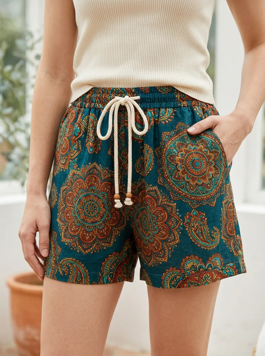 Women's Boho Mandala Paisley Beaded Drawstring Printed Shorts