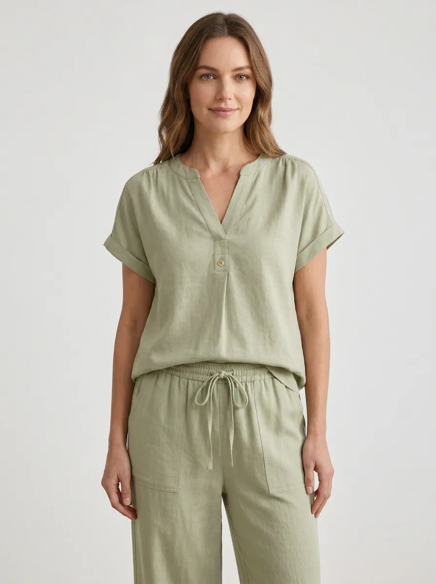 Short-Sleeve Button-Front Linen-Blend Women's V-Neck Shirt