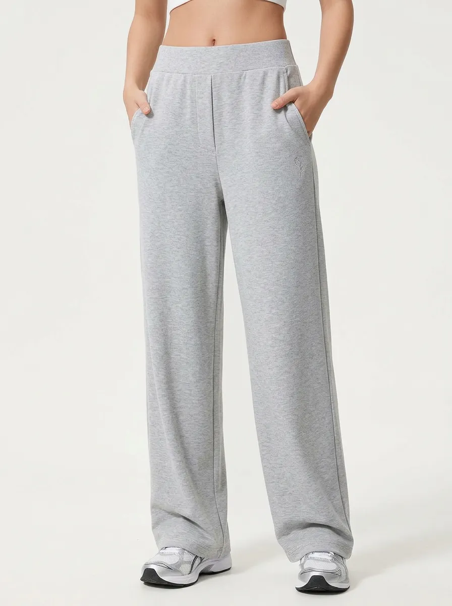 Women's Minimalist Rose Embroidery Solid Grey Wide Leg Sweatpants