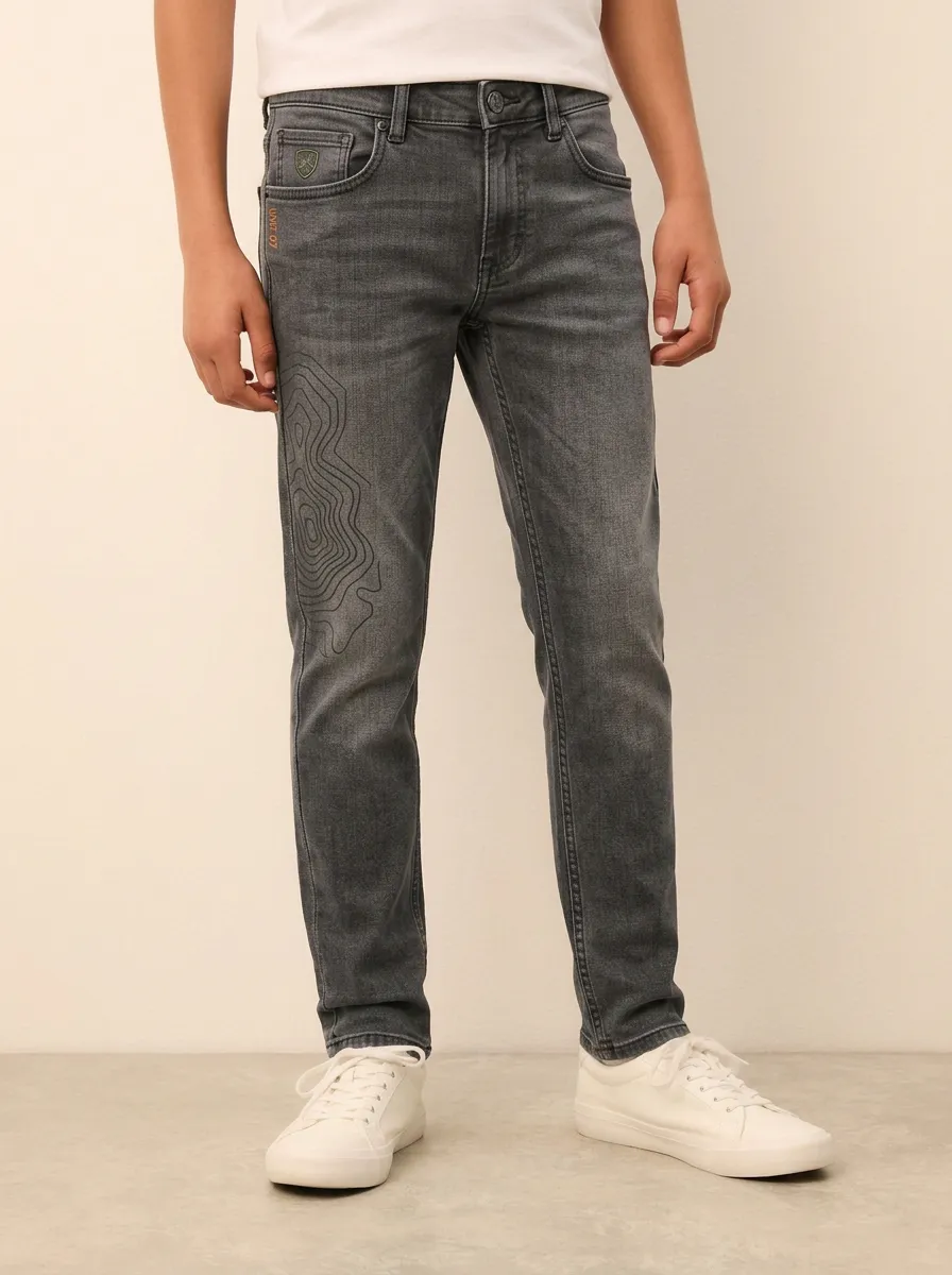 Men's Charcoal Grey Topographic Map Pattern Stretch Jeans