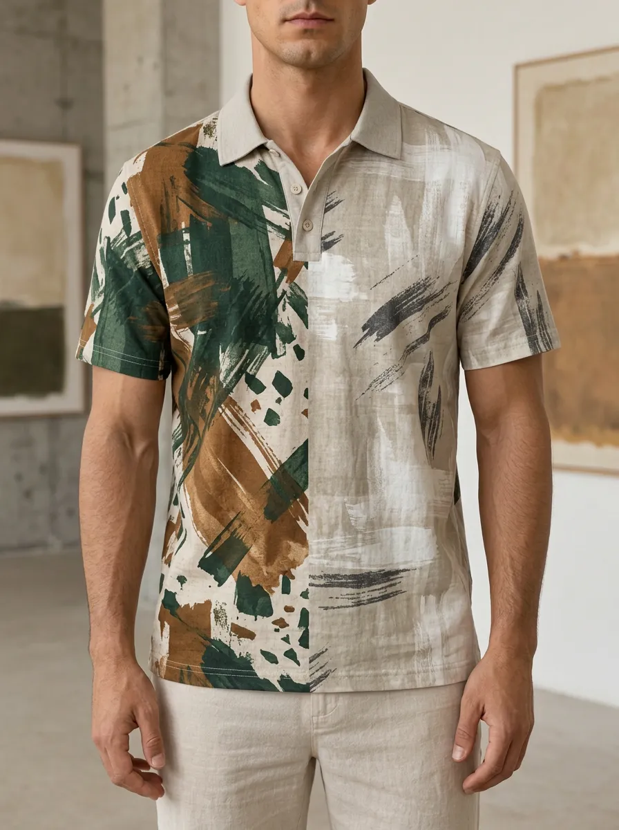 Men's Abstract Brushstroke Green Brown Printed Polo Shirt Everyday Casual Style