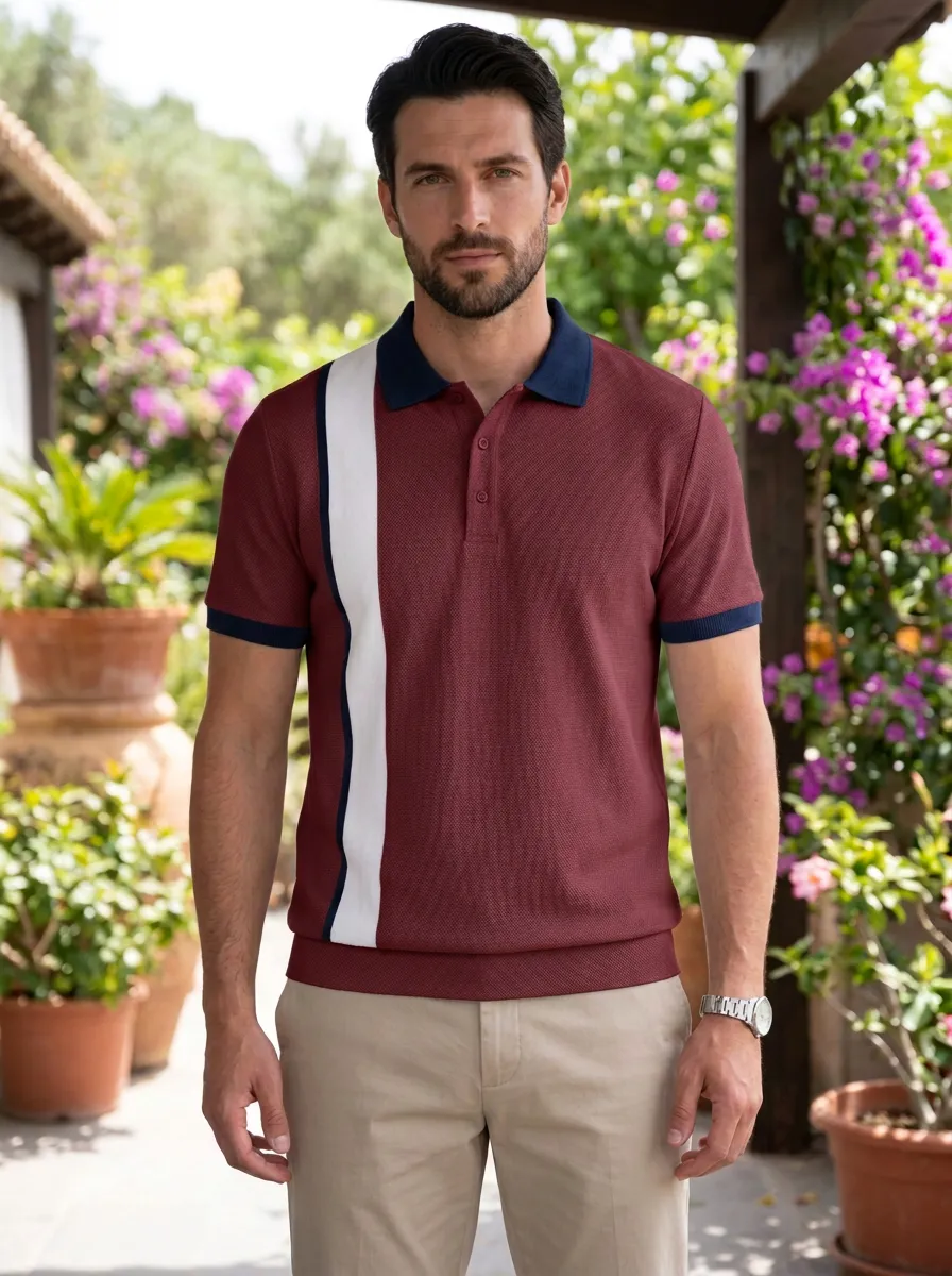 Men's Light Grey White Panel Navy Accent Polo Shirt