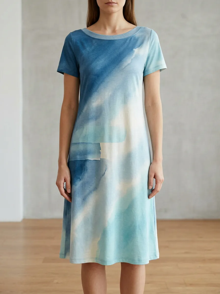 Women's Blue Watercolor Abstract Printed Dress