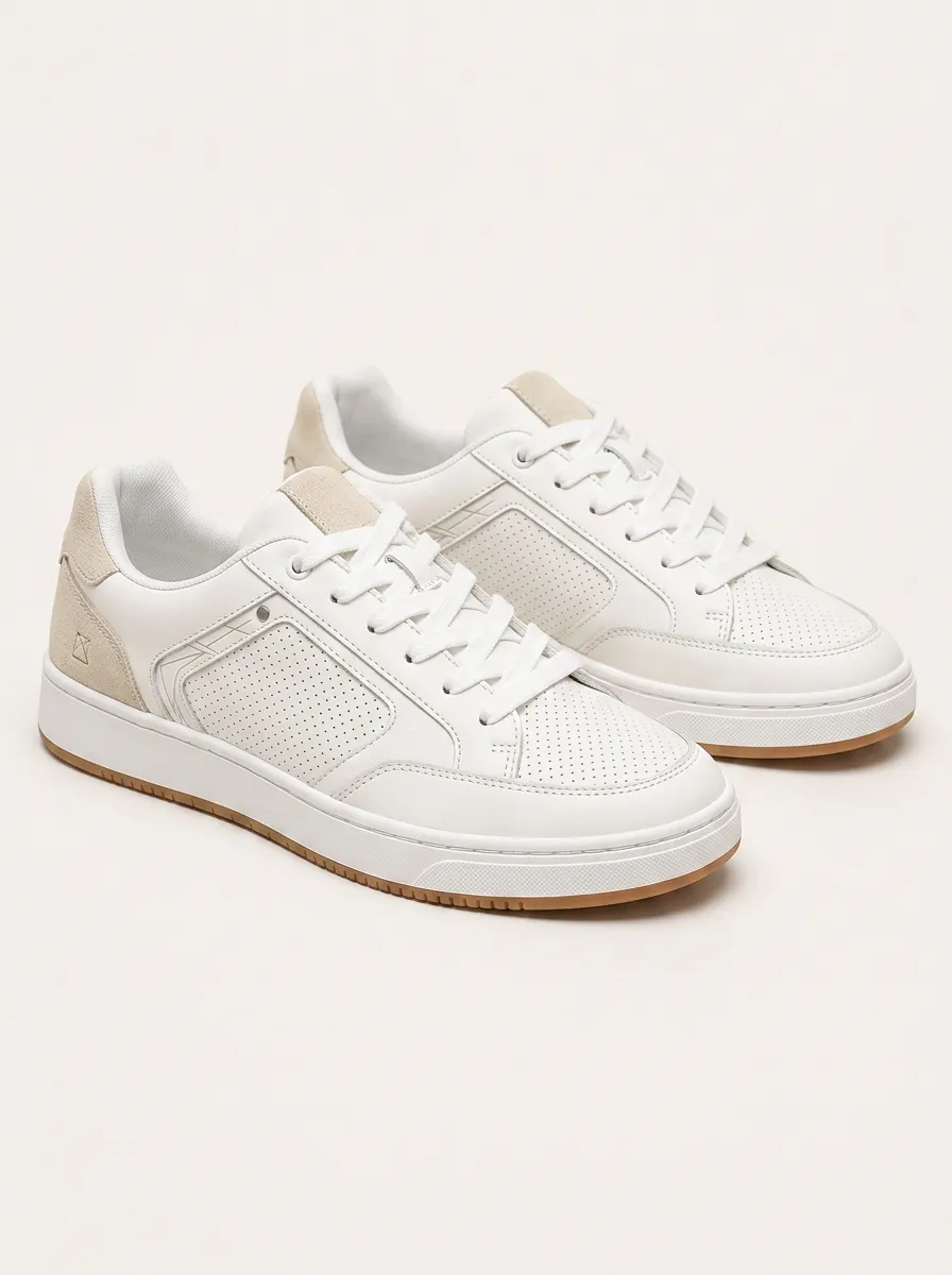 Men's Casual Minimalist White Perforated Suede Trimmed Sneakers