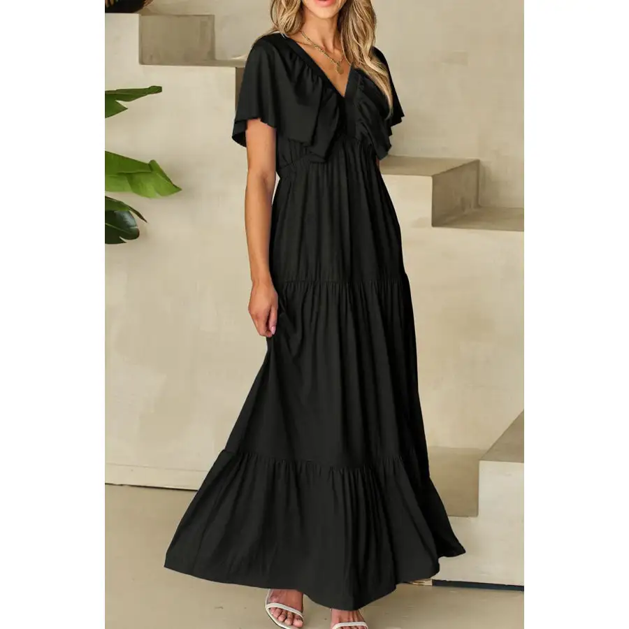 Ruffled V Neck Flutter Sleeve Maxi Dress