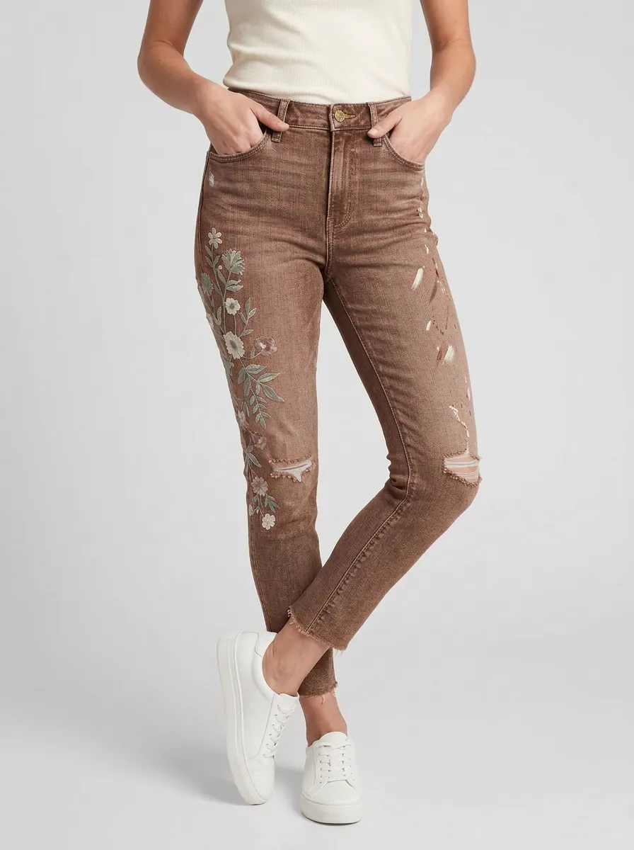 Women's Sierra Floral Embroidery Distressed Printed Slim Jeans