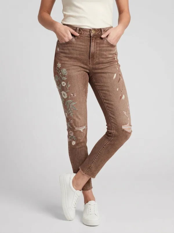 Women's Sierra Floral Embroidery Distressed Printed Slim Jeans