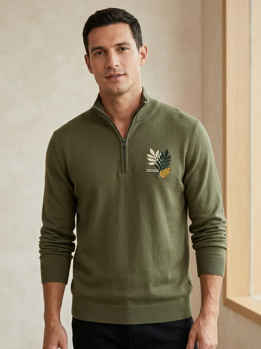 Layered Half-Zip Botanical Leaf-Pattern Men's Half-Zip Sweatshirt