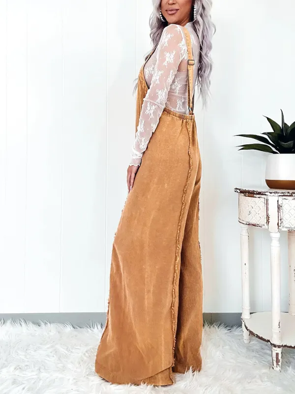 Vintage Washed Raw Edge Wide Leg Jumpsuit