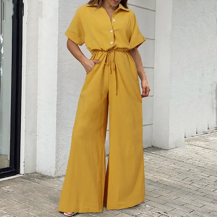 Vintage Tailored Single-Breasted Wide-Leg Jumpsuit