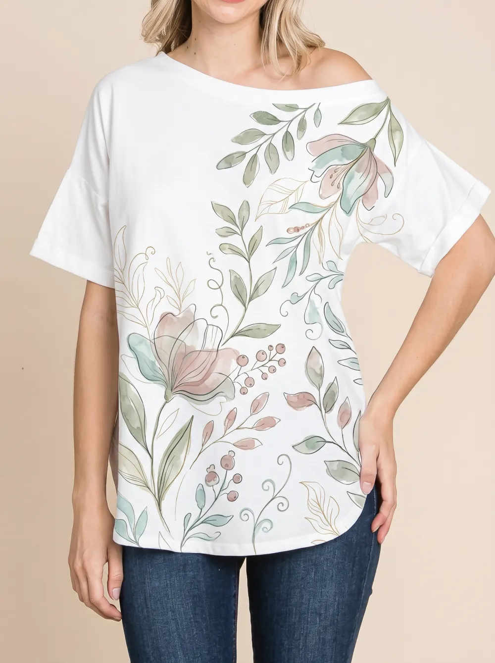 Women's Botanical Floral Watercolor Printed Off-Shoulder Top