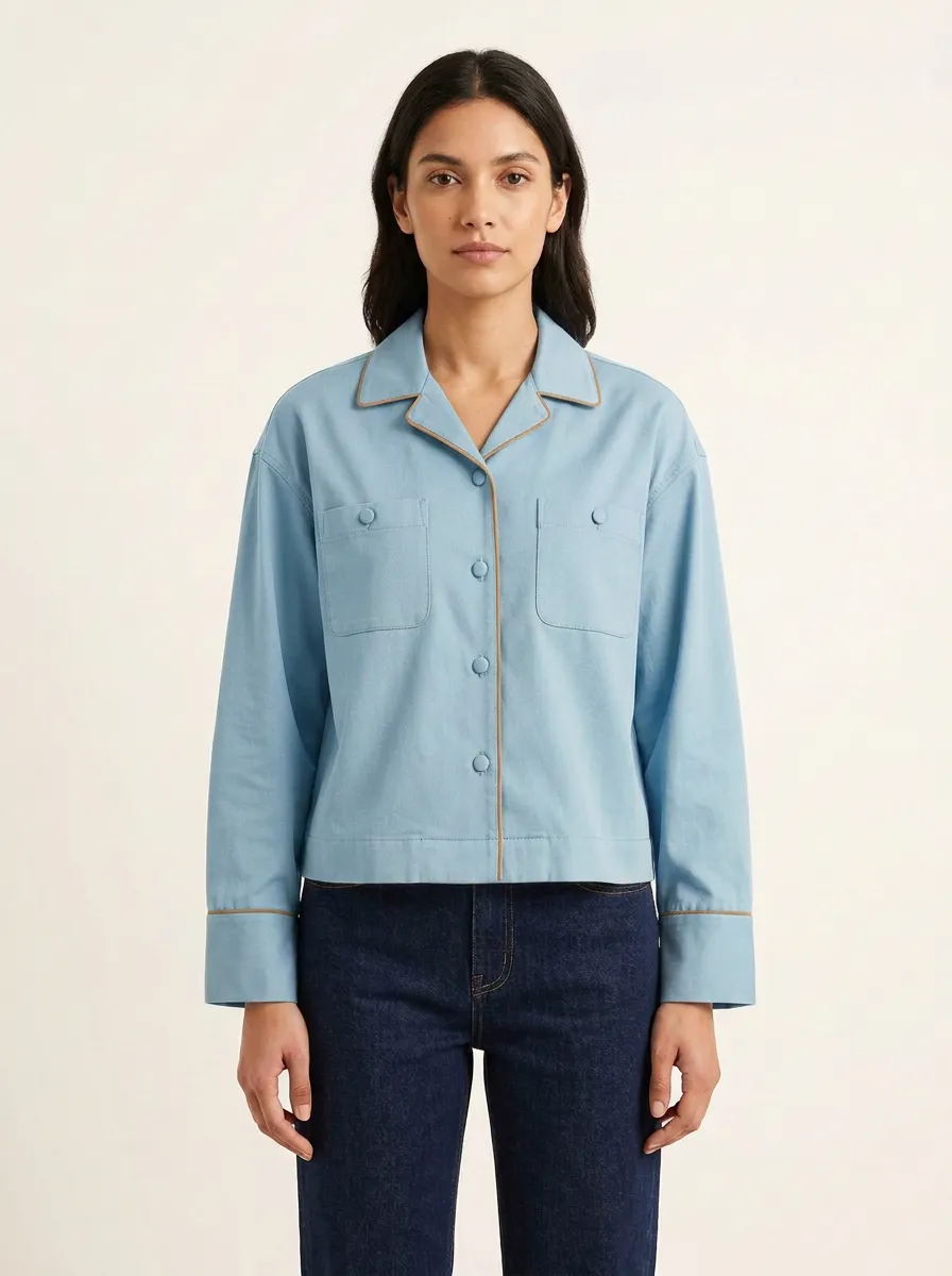 Women's Flap-Pocket Contrast-Piped Camp-Collar Shirt