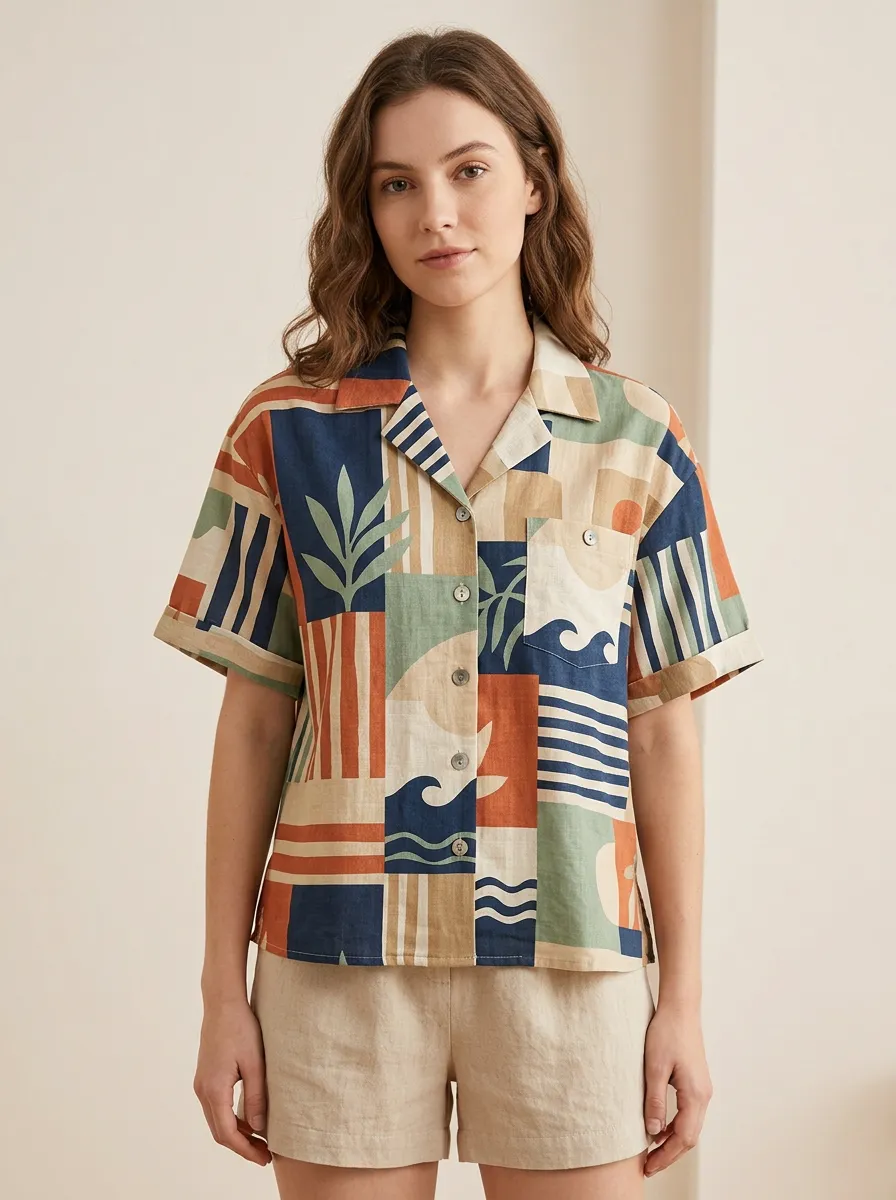 Women's Summer Vacation Abstract Geometric Wave Printed Shirt