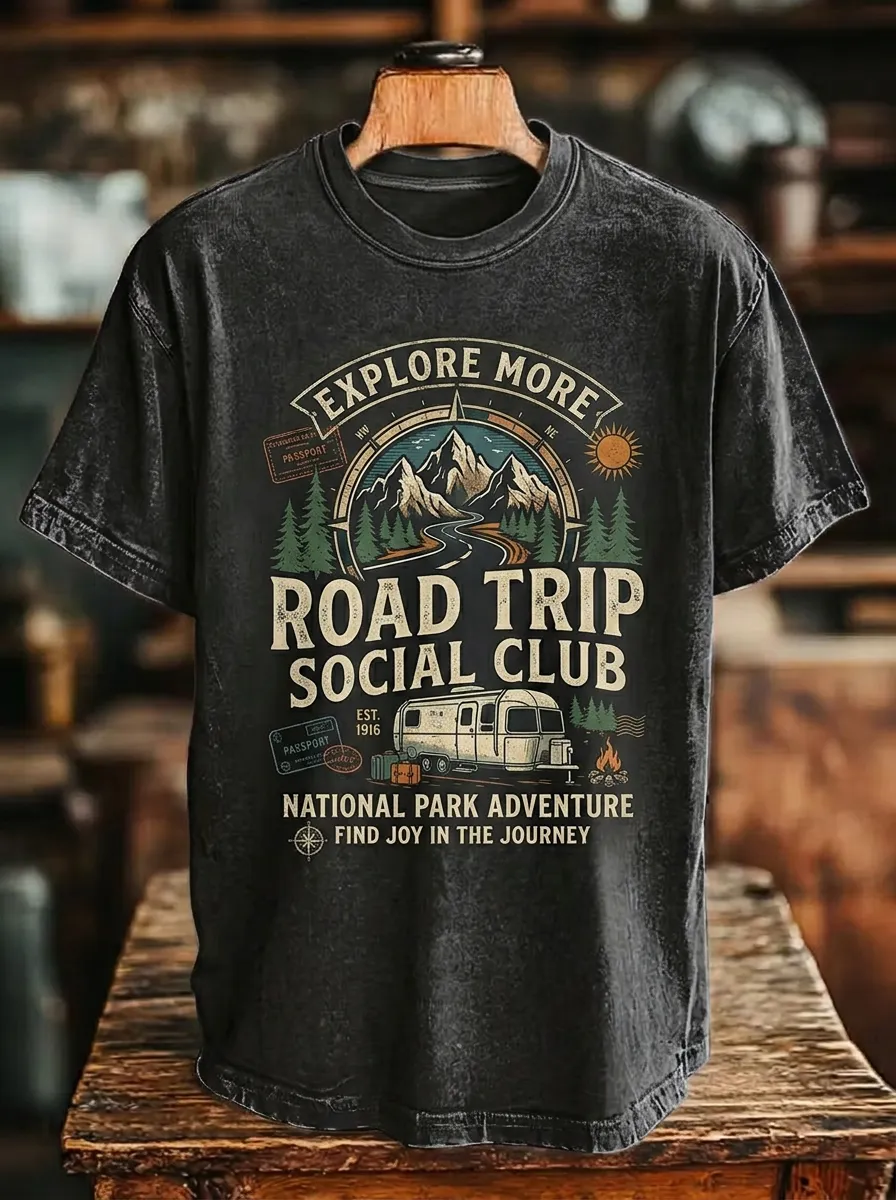 Unisex Road Trip Adventure Mountain Camper Printed T-shirt