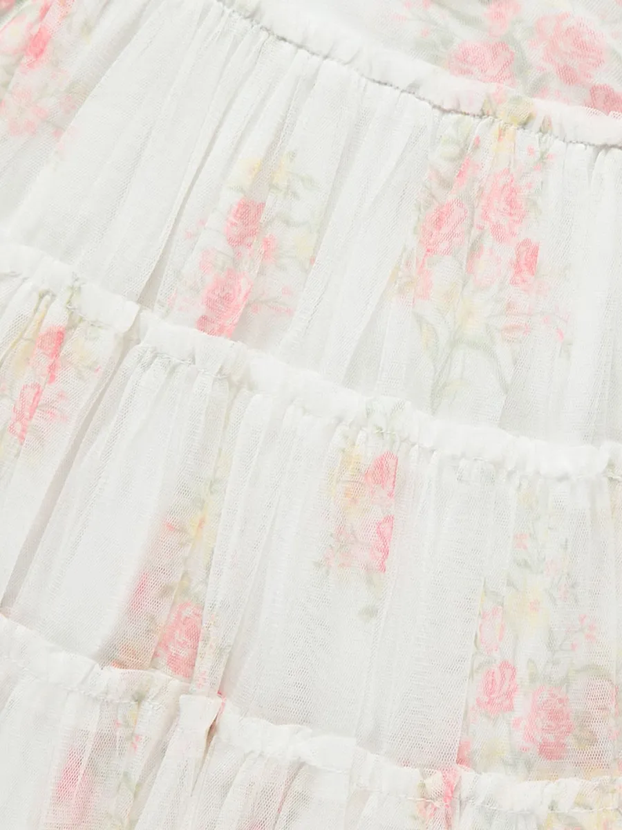 Neutral Floral Mesh Tiered Dress