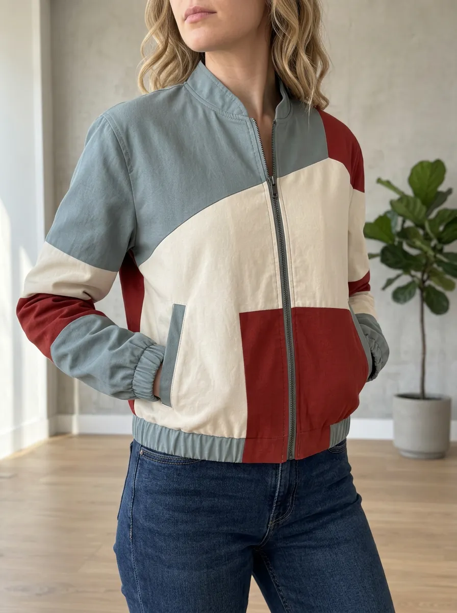 Women's Classic Colorblock Geometric Bomber Jacket