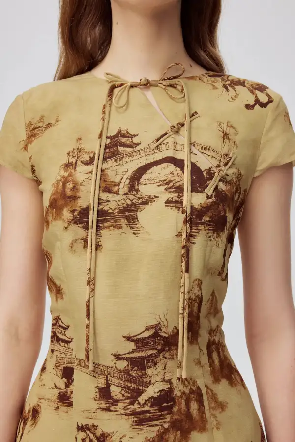 Printed Viscose Midi Stand Collar Dress