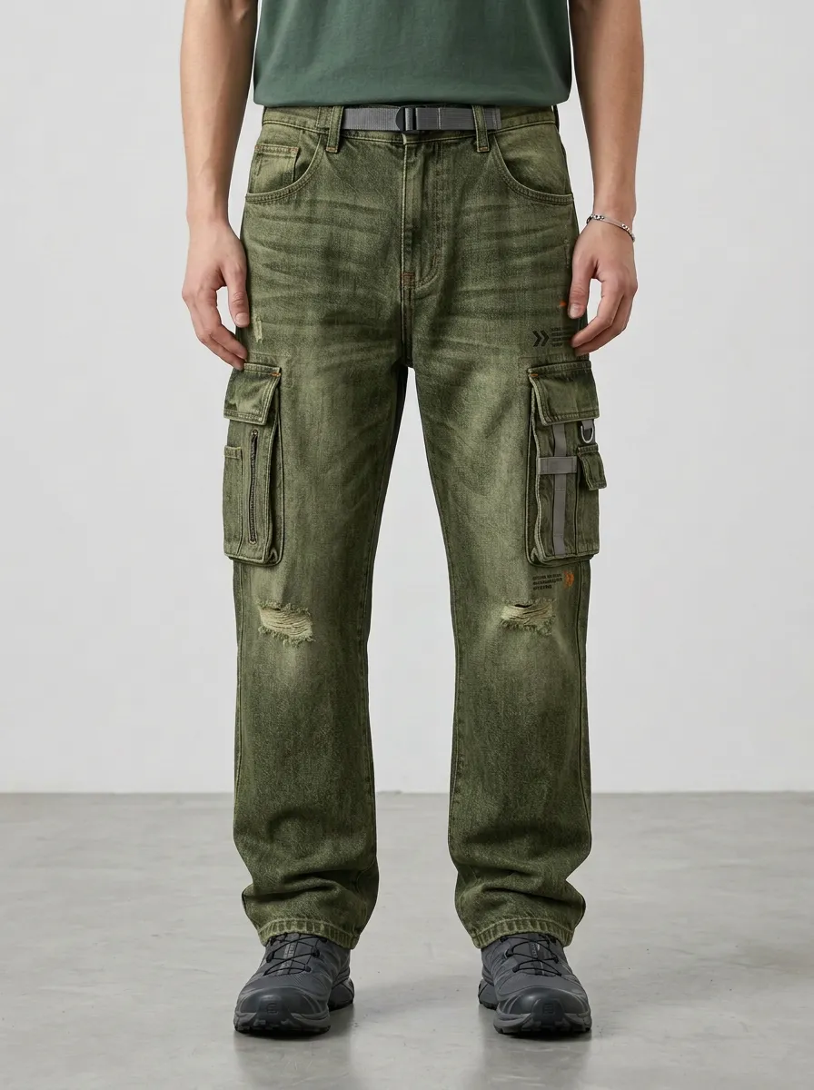 Men's Streetwear Distressed Graphic Cargo Jeans