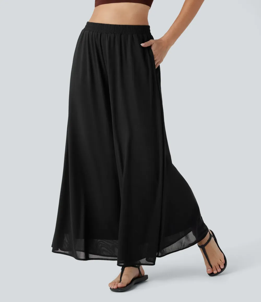 High Waisted Pocket Mesh Overlay Wide Leg Casual Pants