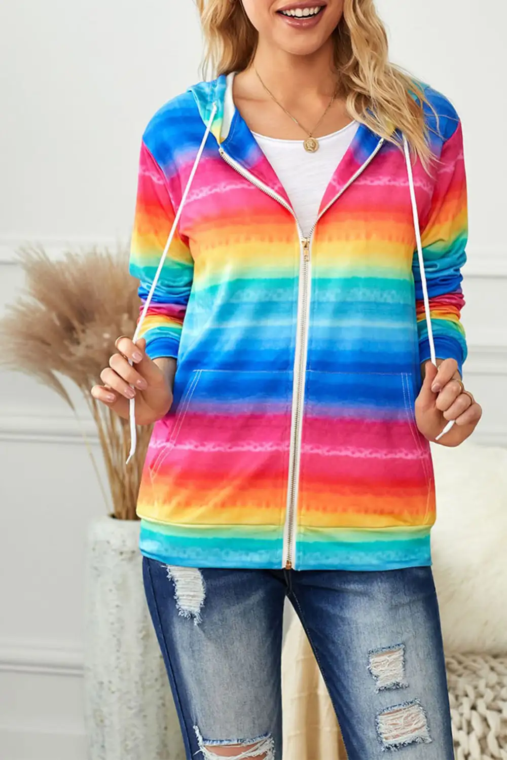 Tie Dye Zipper Pocket Drawstring Hooded Jacket
