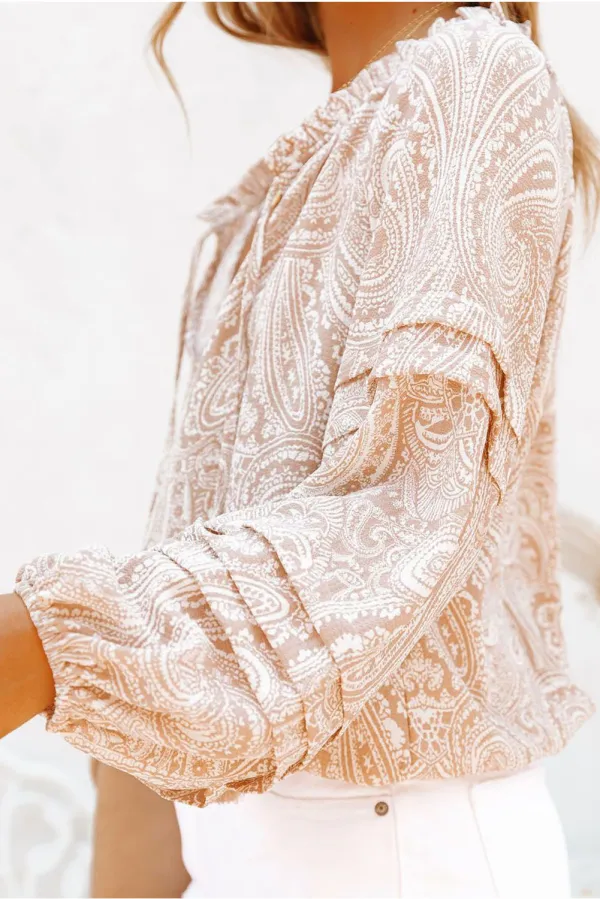Pattern Print Drawstring Tassel Puff Sleeve Blouse