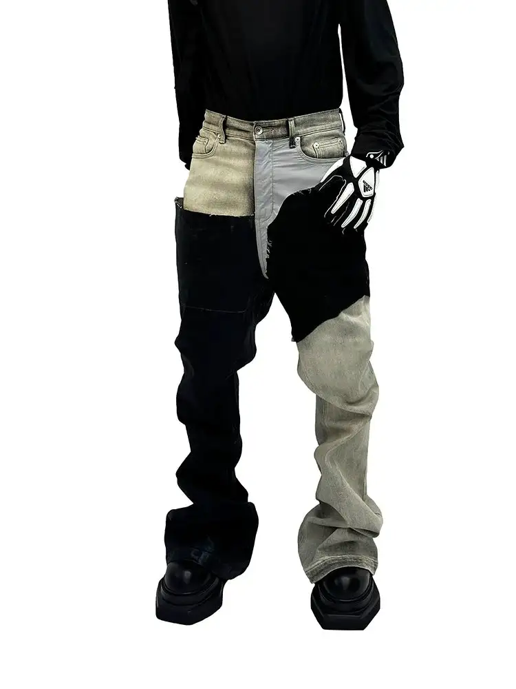 Wide-Leg Patchwork Light-Wash Jeans