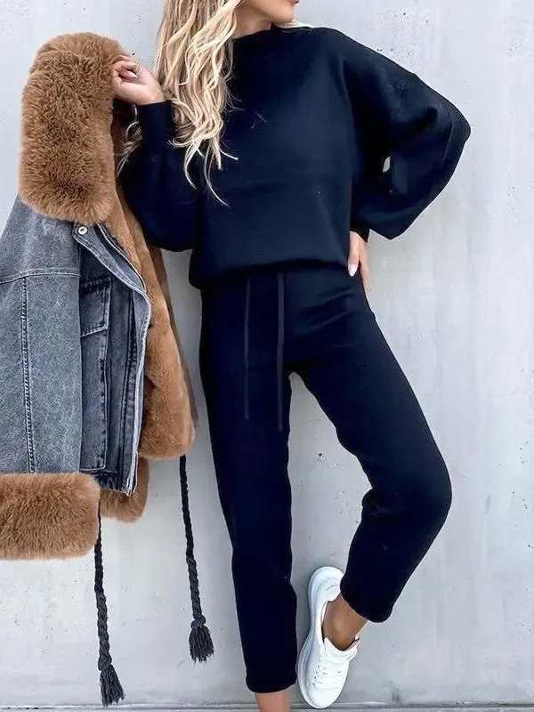 High Collar Casual Solid Color Trousers Two Piece Set