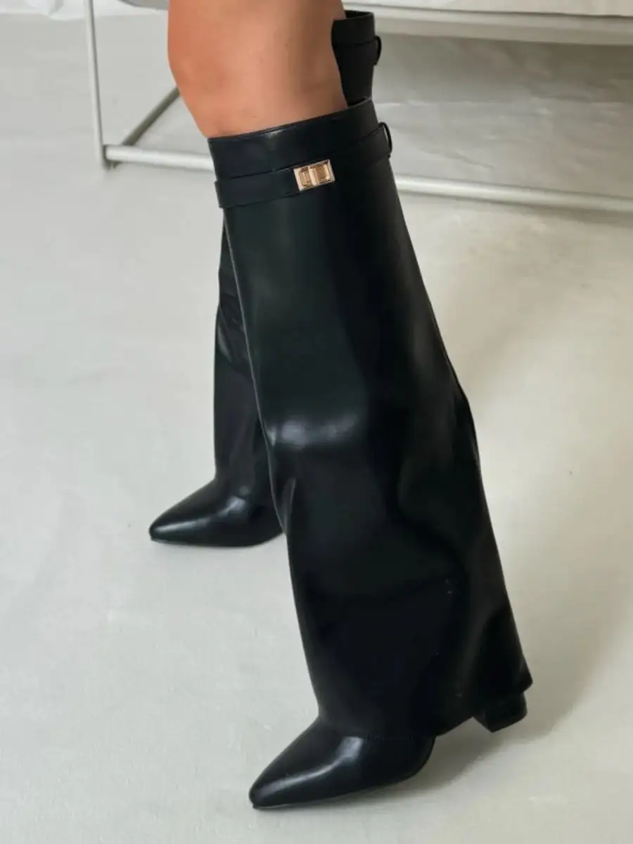 Knee Tall Boots Wide Flare Top Block Heel