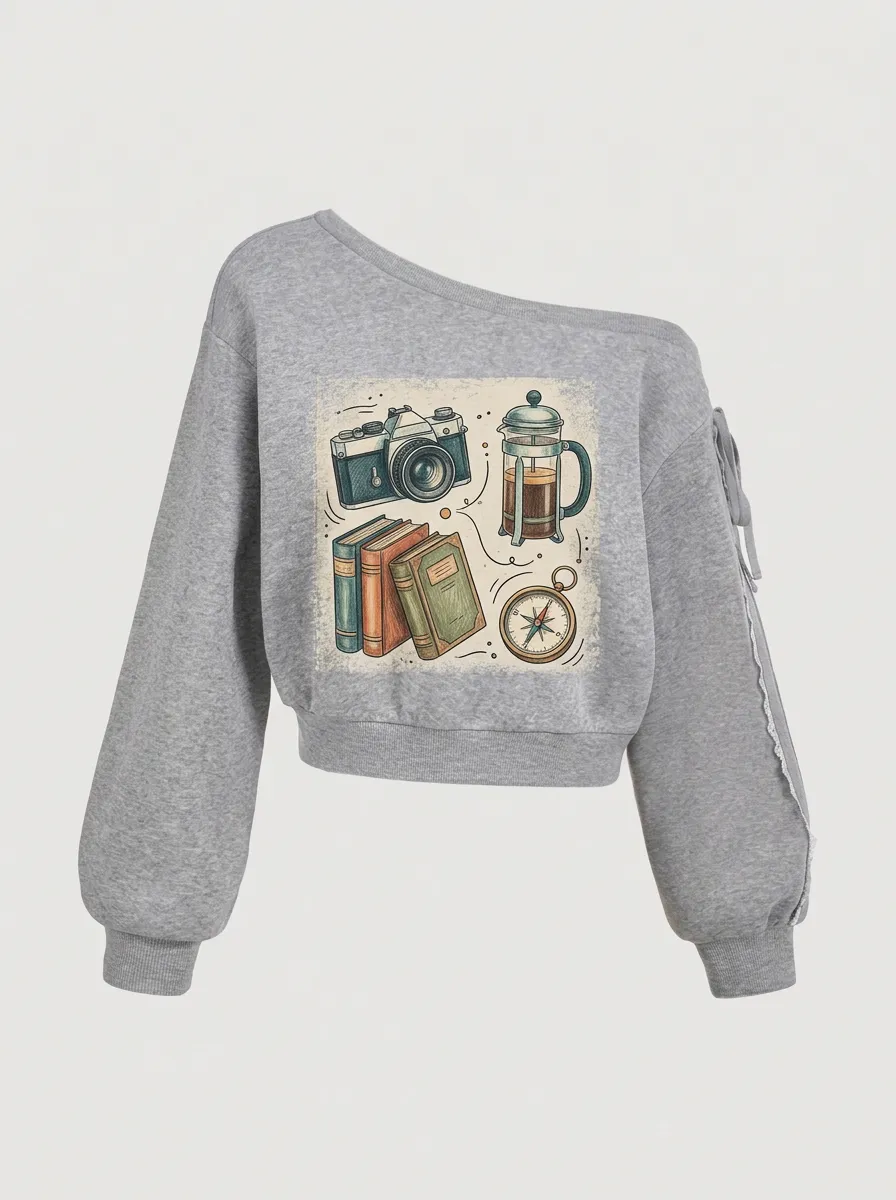Women's Travel Hobbyist Camera Book Coffee Compass Printed Sweatshirt