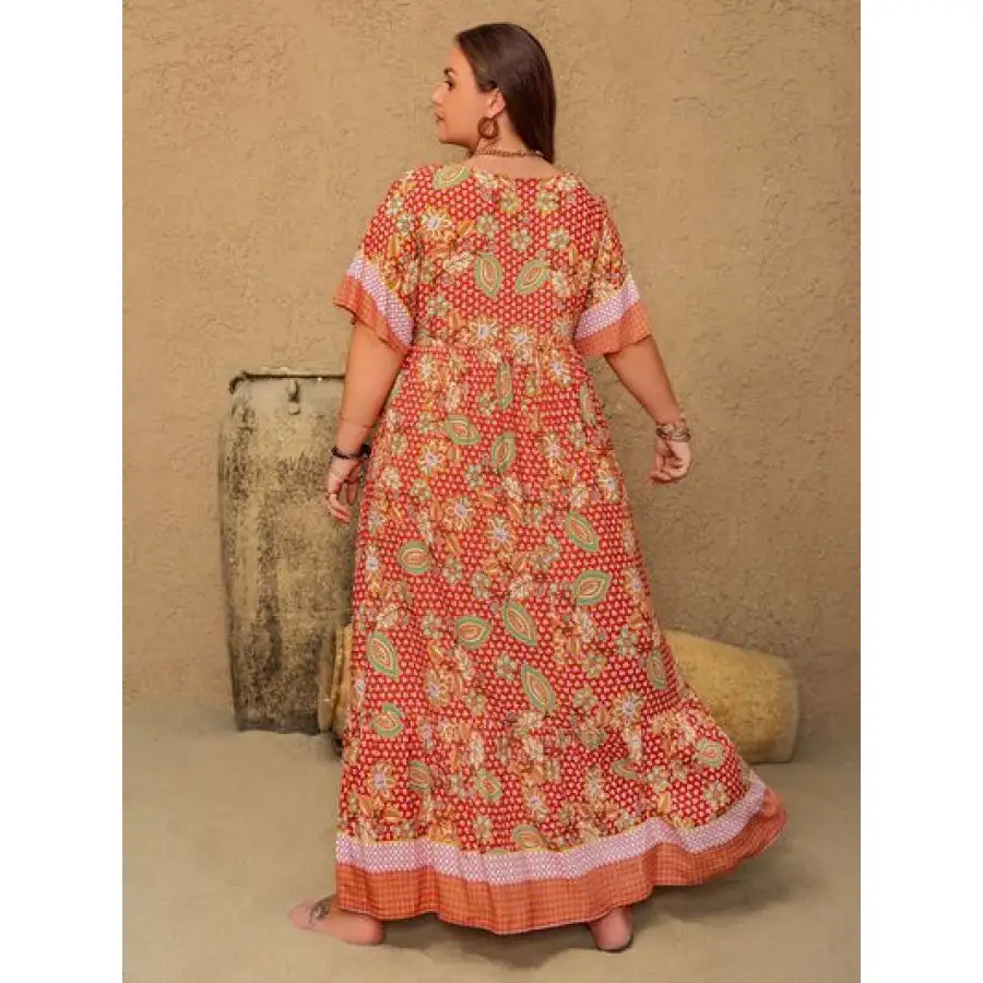 Plus Size Printed Tie Neck Flutter Sleeve Maxi Dress