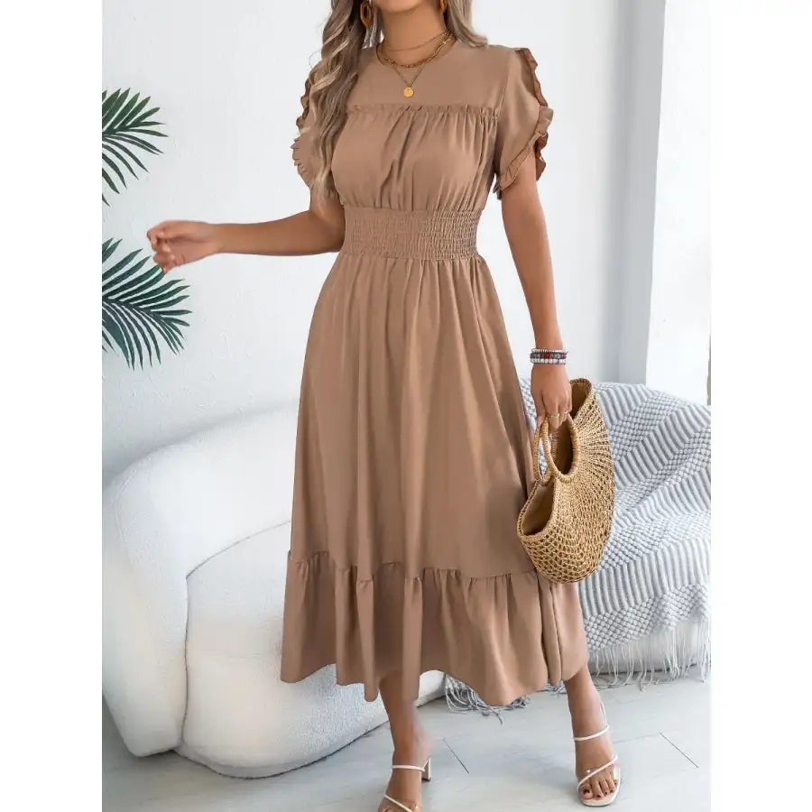 Smocked Frill Round Neck Midi Dress