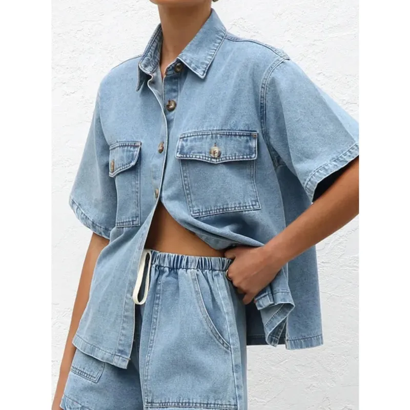 Button-Up Half-Sleeve Denim Shirt