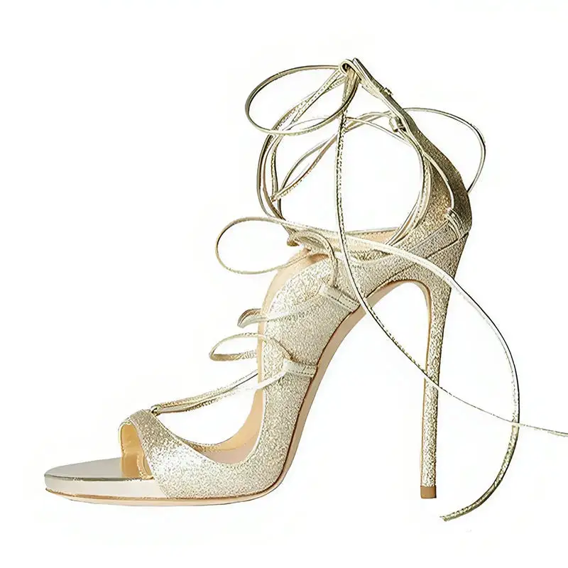 Round Toe Gladiator Lace Up Stiletto Sandals