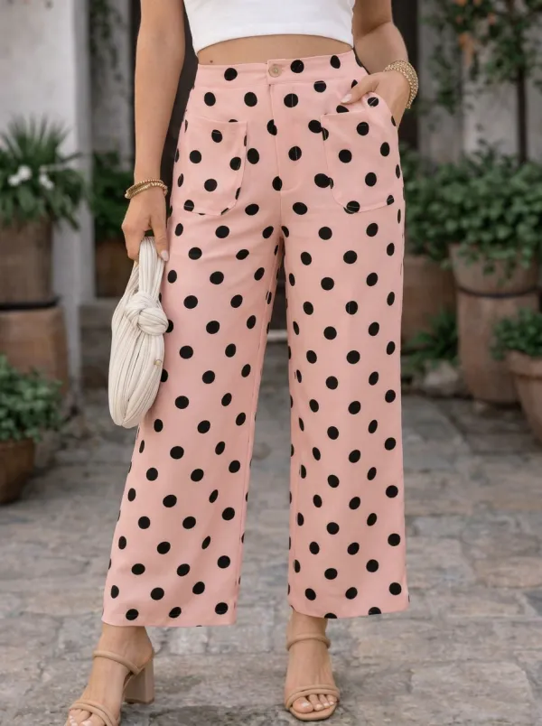 Women's Vintage Style Polka Dot Printed Mid-Rise Straight Leg Pants