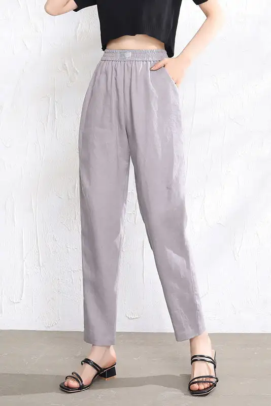 Classic Linen Elastic Waist Pocketed Trousers
