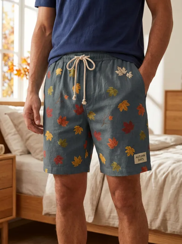 Maple Leaf Print Drawstring Designed Shorts
