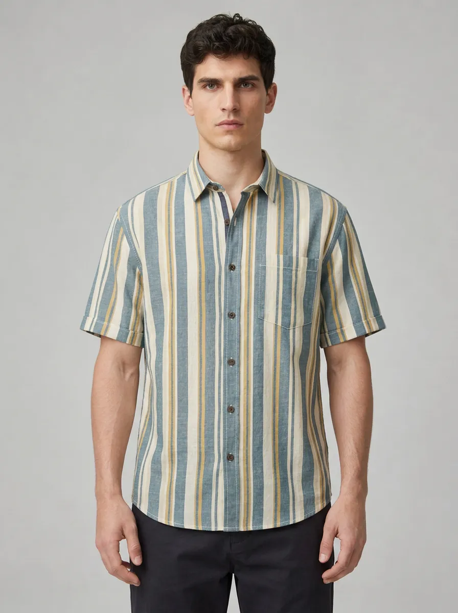Men's Blue and Yellow Striped Short-Sleeve Button-Down Shirt