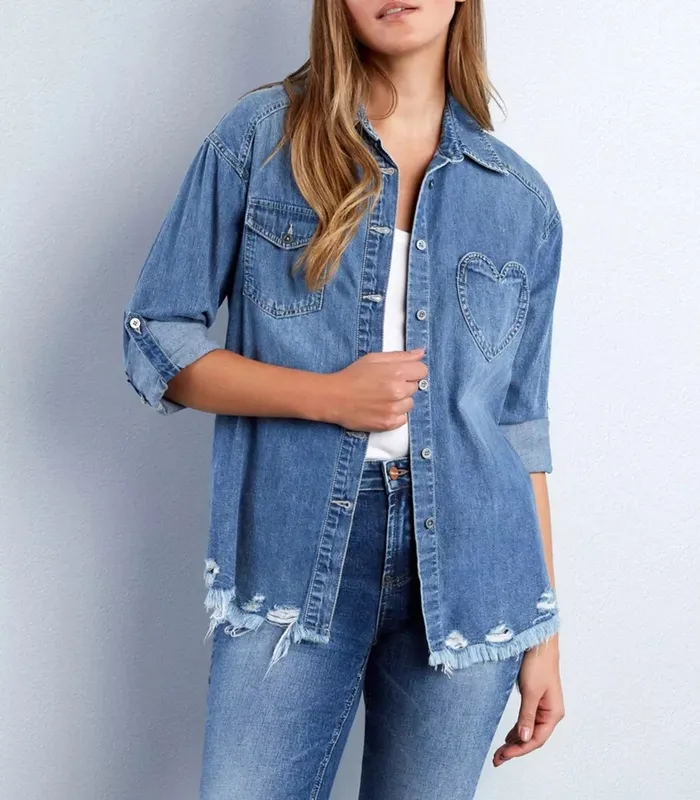 Frayed Hem Roll-Up Sleeve Denim Shirt