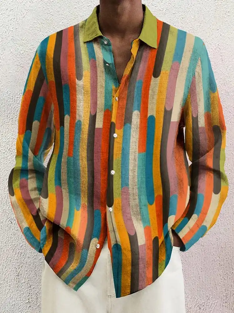 Open Collar Cotton Linen Printed Shirt