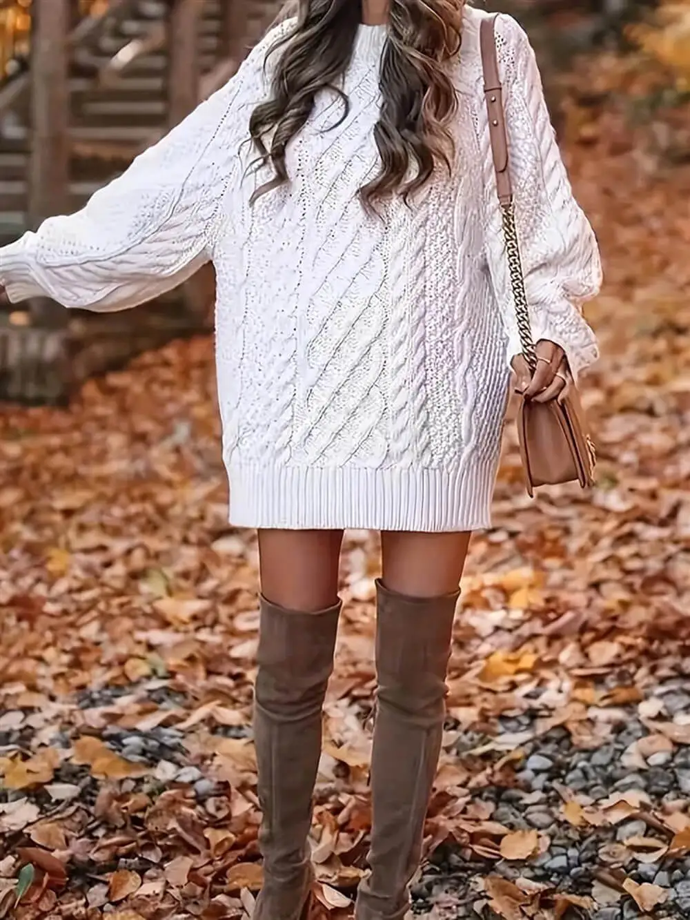 Chunky Cable Knit Round Neck Mini Dress