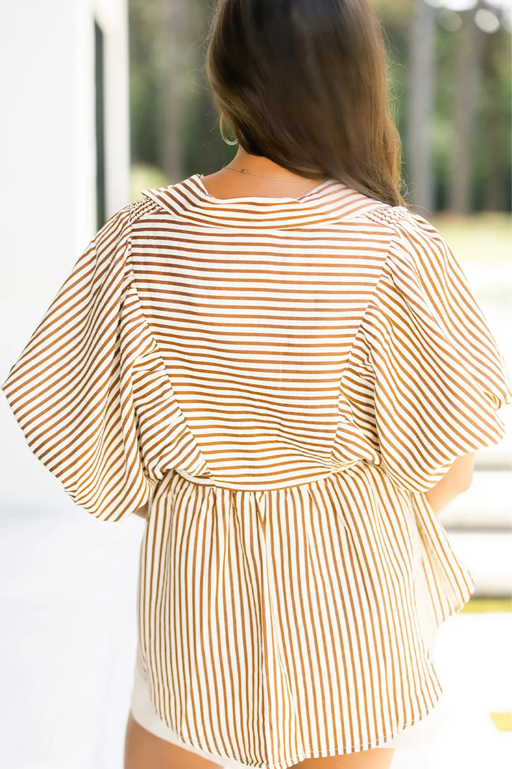 Brown Stripe Shirred V Neck Blouse