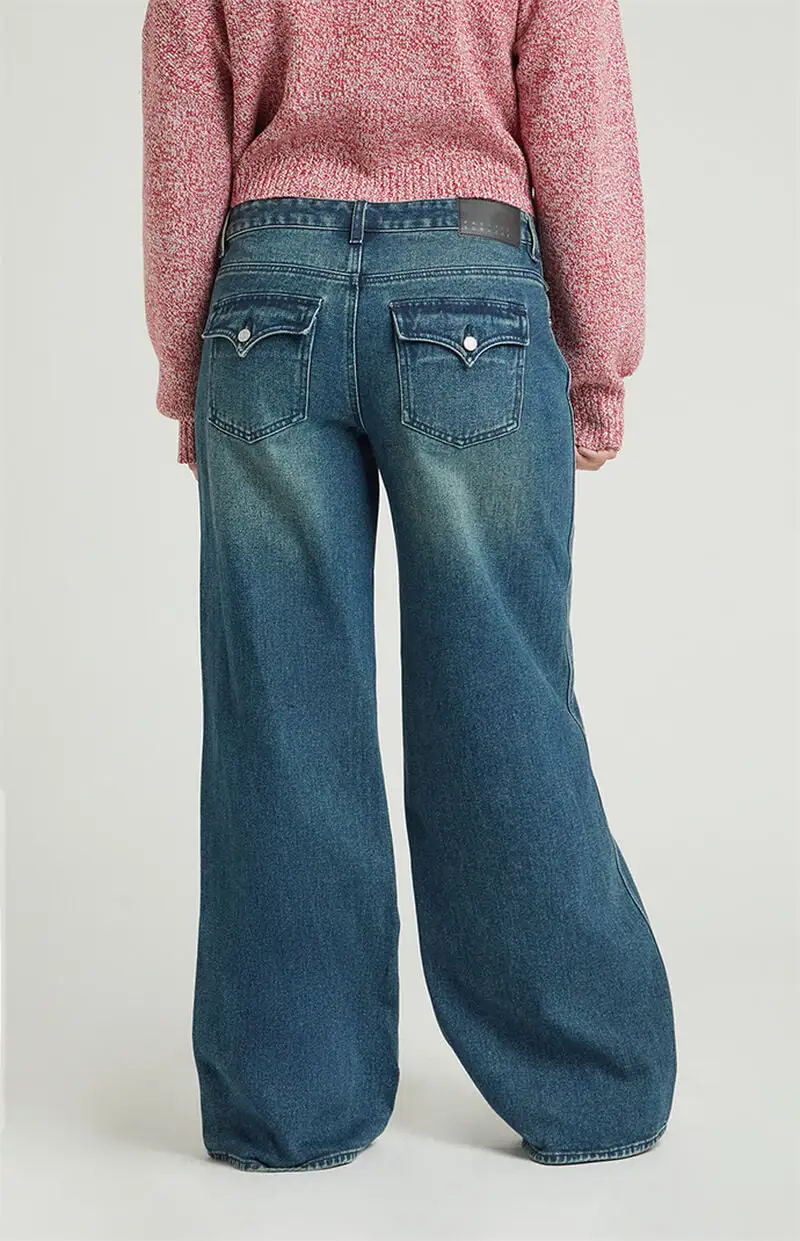 PacSun Casey Button Pocket Low Rise Baggy Jeans Dark Indigo